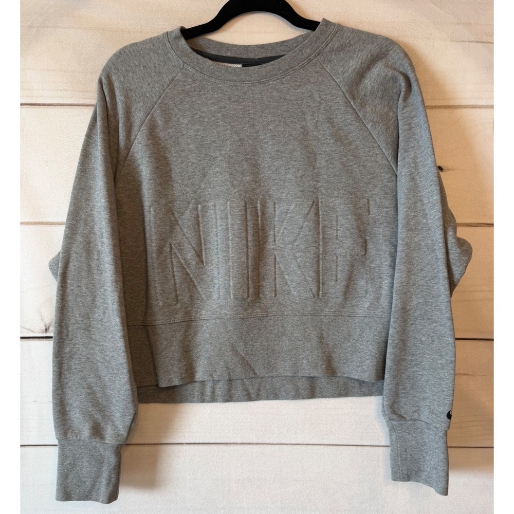 Nike Dri-FIT Gray Cropped Sweatshirt Embossed Logo Pullover Womens Small